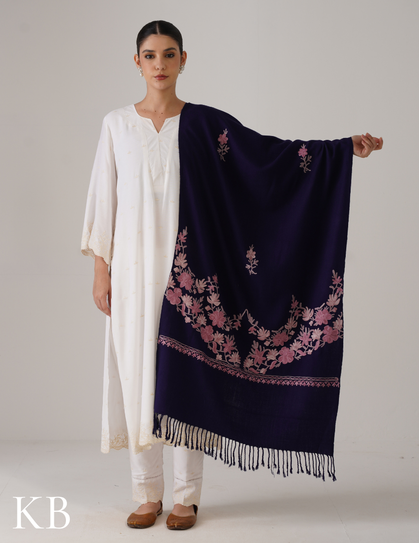 Navy Blue Woollen Stole with Shades of Lavender Aari Embroidery | Elegant Daily Wrap - Kashmir Box