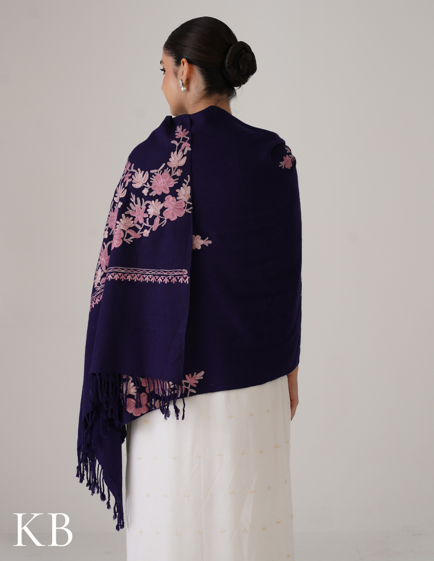 Navy Blue Woollen Stole with Shades of Lavender Aari Embroidery | Elegant Daily Wrap - Kashmir Box