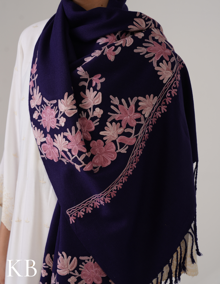 Navy Blue Woollen Stole with Shades of Lavender Aari Embroidery | Elegant Daily Wrap - Kashmir Box