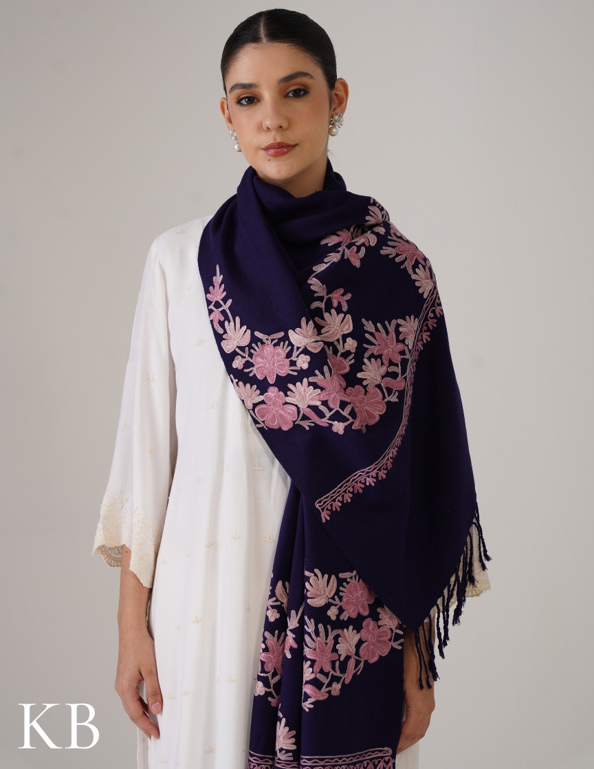 Navy Blue Woollen Stole with Shades of Lavender Aari Embroidery | Elegant Daily Wrap - Kashmir Box