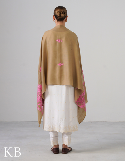 Natural Woollen Stole with Pink Aari Embroidery | Soft and Subtle - Kashmir Box