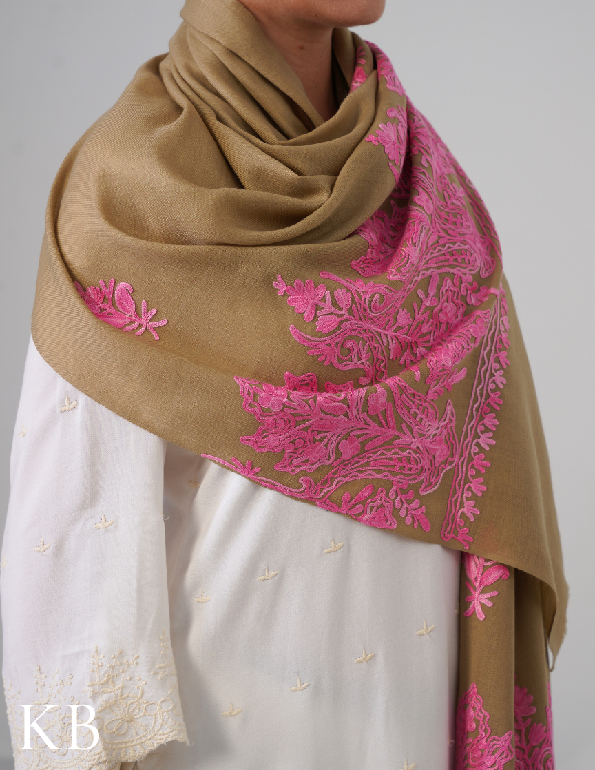 Natural Woollen Stole with Pink Aari Embroidery | Soft and Subtle - Kashmir Box