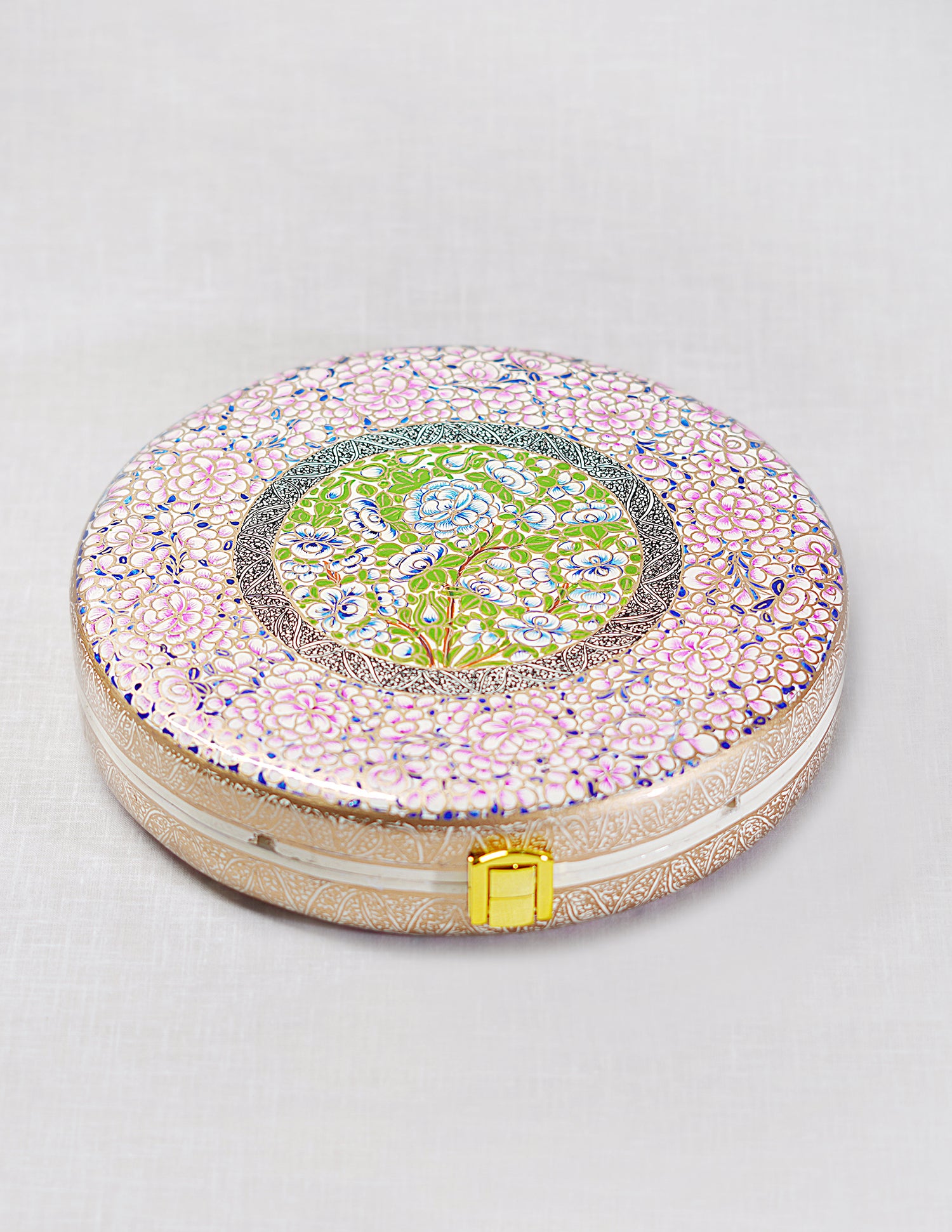 Handmade Kashmir Papier-Mâché Round Clutch — Hand-Painted Design | Ø 20 cm × 4.5 cm (H)