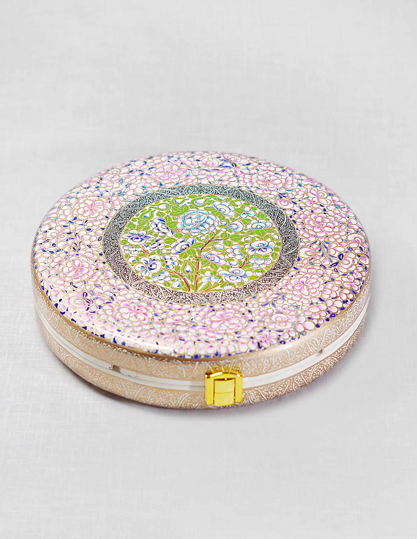 Handmade Kashmir Papier-Mâché Round Clutch — Hand-Painted Design | Ø 20 cm × 4.5 cm (H)