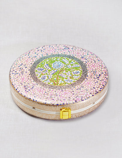 Handmade Kashmir Papier-Mâché Round Clutch — Hand-Painted Design | Ø 20 cm × 4.5 cm (H)