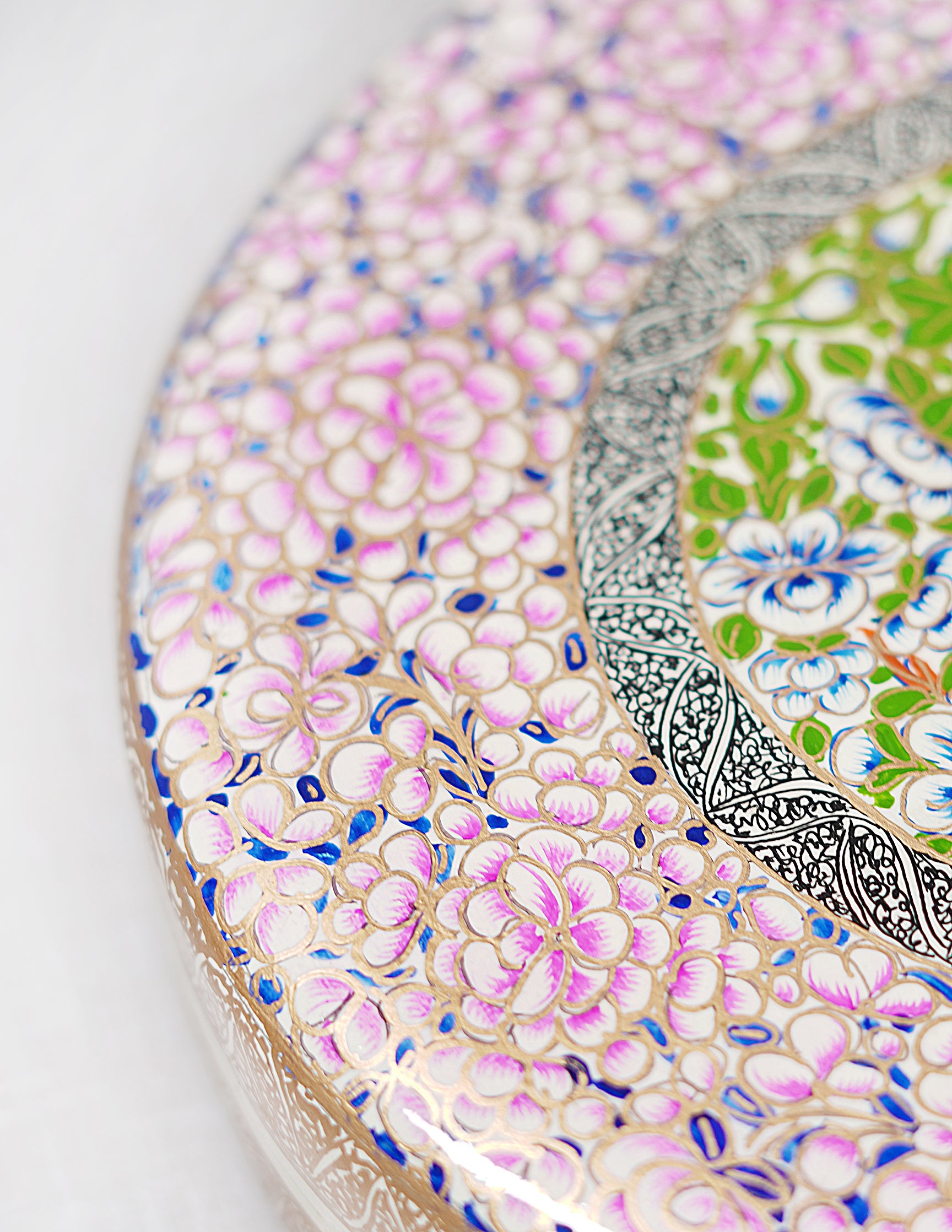 Handmade Kashmir Papier-Mâché Round Clutch — Hand-Painted Design | Ø 20 cm × 4.5 cm (H)