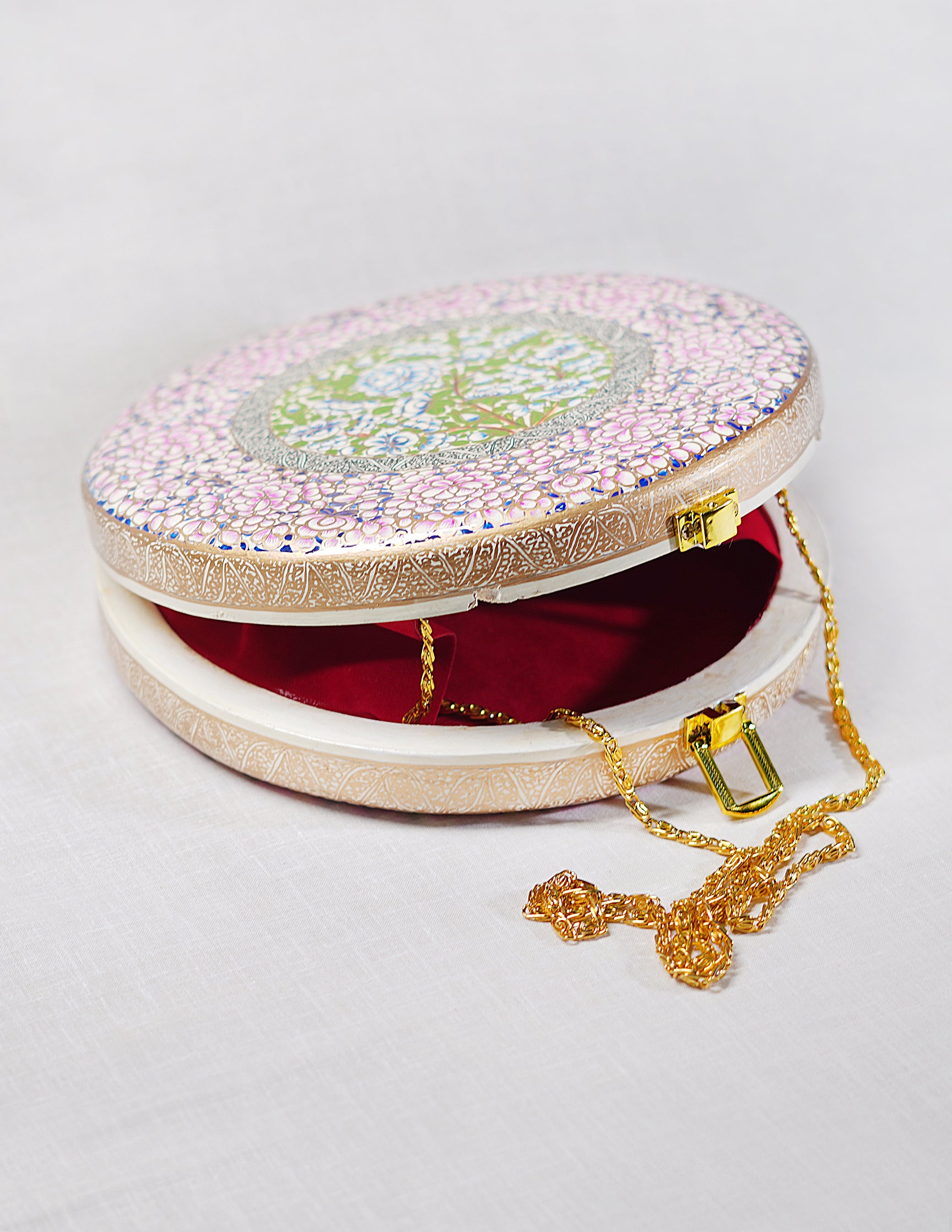 Handmade Kashmir Papier-Mâché Round Clutch — Hand-Painted Design | Ø 20 cm × 4.5 cm (H)