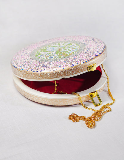 Handmade Kashmir Papier-Mâché Round Clutch — Hand-Painted Design | Ø 20 cm × 4.5 cm (H)