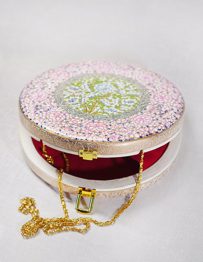 Handmade Kashmir Papier-Mâché Round Clutch — Hand-Painted Design | Ø 20 cm × 4.5 cm (H)