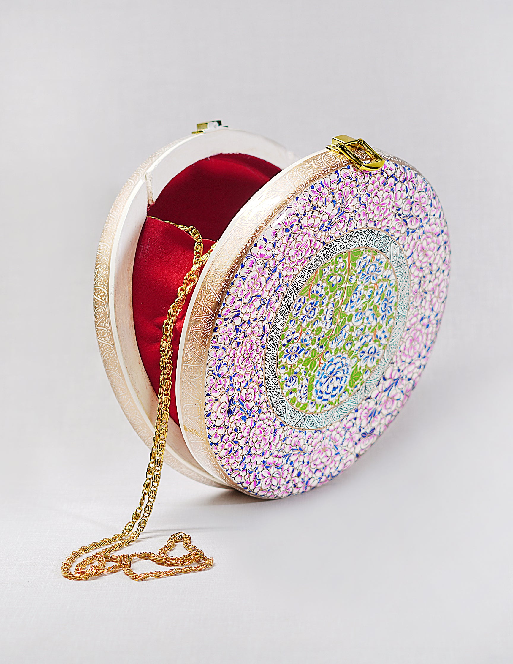 Handmade Kashmir Papier-Mâché Round Clutch — Hand-Painted Design | Ø 20 cm × 4.5 cm (H)