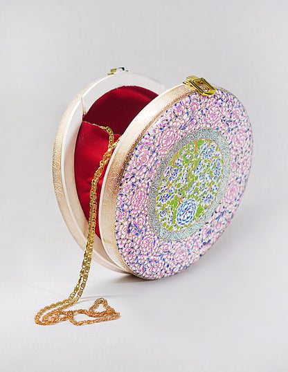 Handmade Kashmir Papier-Mâché Round Clutch — Hand-Painted Design | Ø 20 cm × 4.5 cm (H)