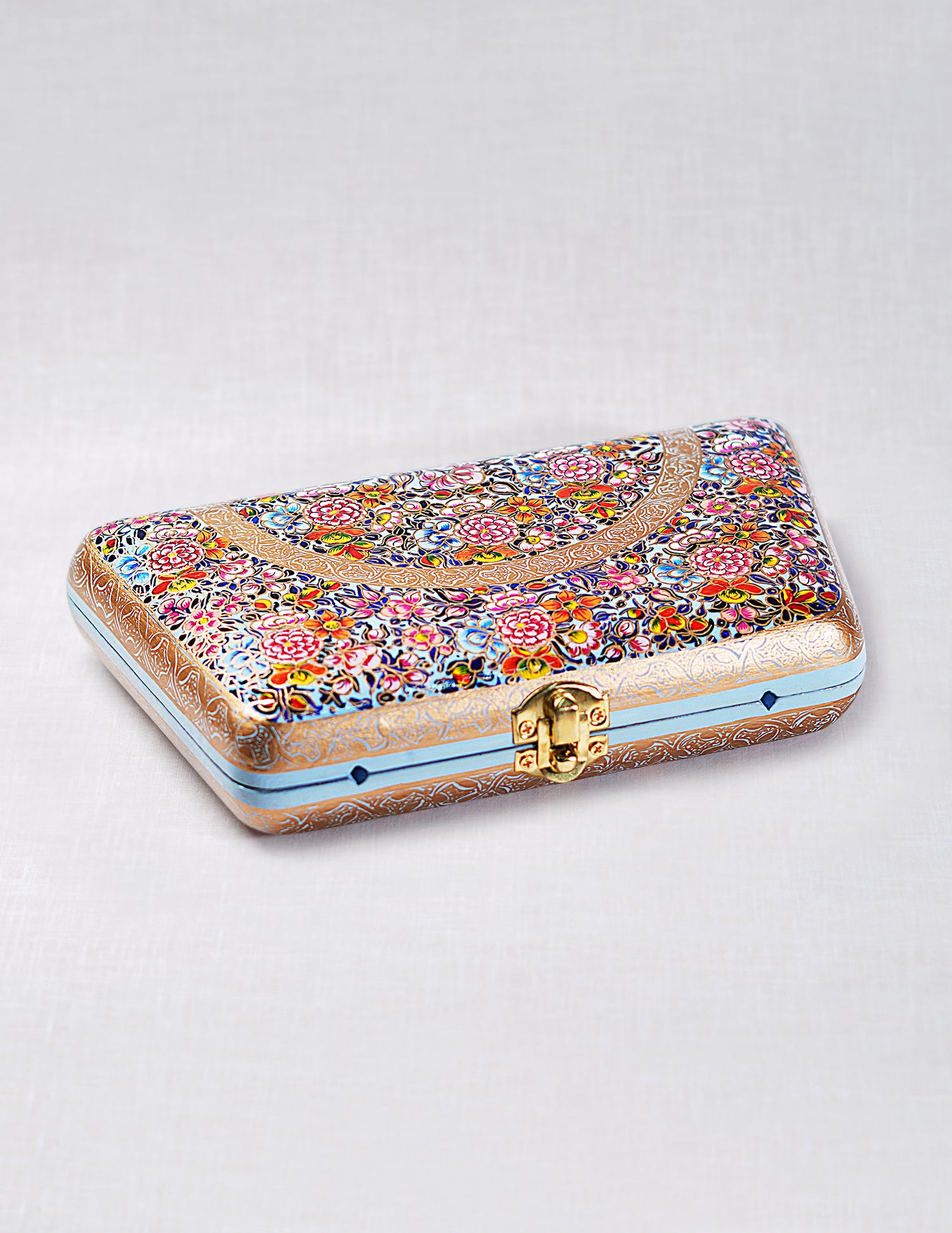 Handmade Kashmir Papier-Mâché Trapezium Clutch — Hand-Painted Design | 13 cm (L) × 21.5 cm (B) × 4 cm (H)