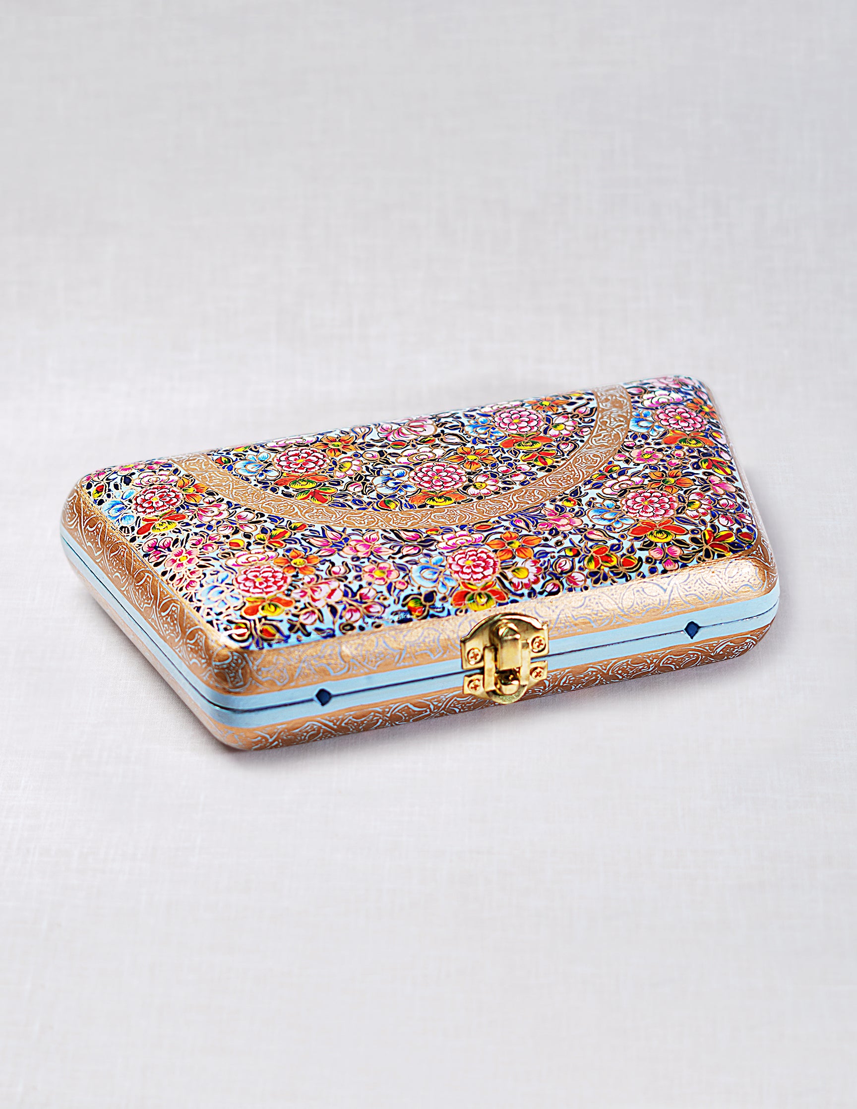 Handmade Kashmir Papier-Mâché Trapezium Clutch — Hand-Painted Design | 13 cm (L) × 21.5 cm (B) × 4 cm (H)