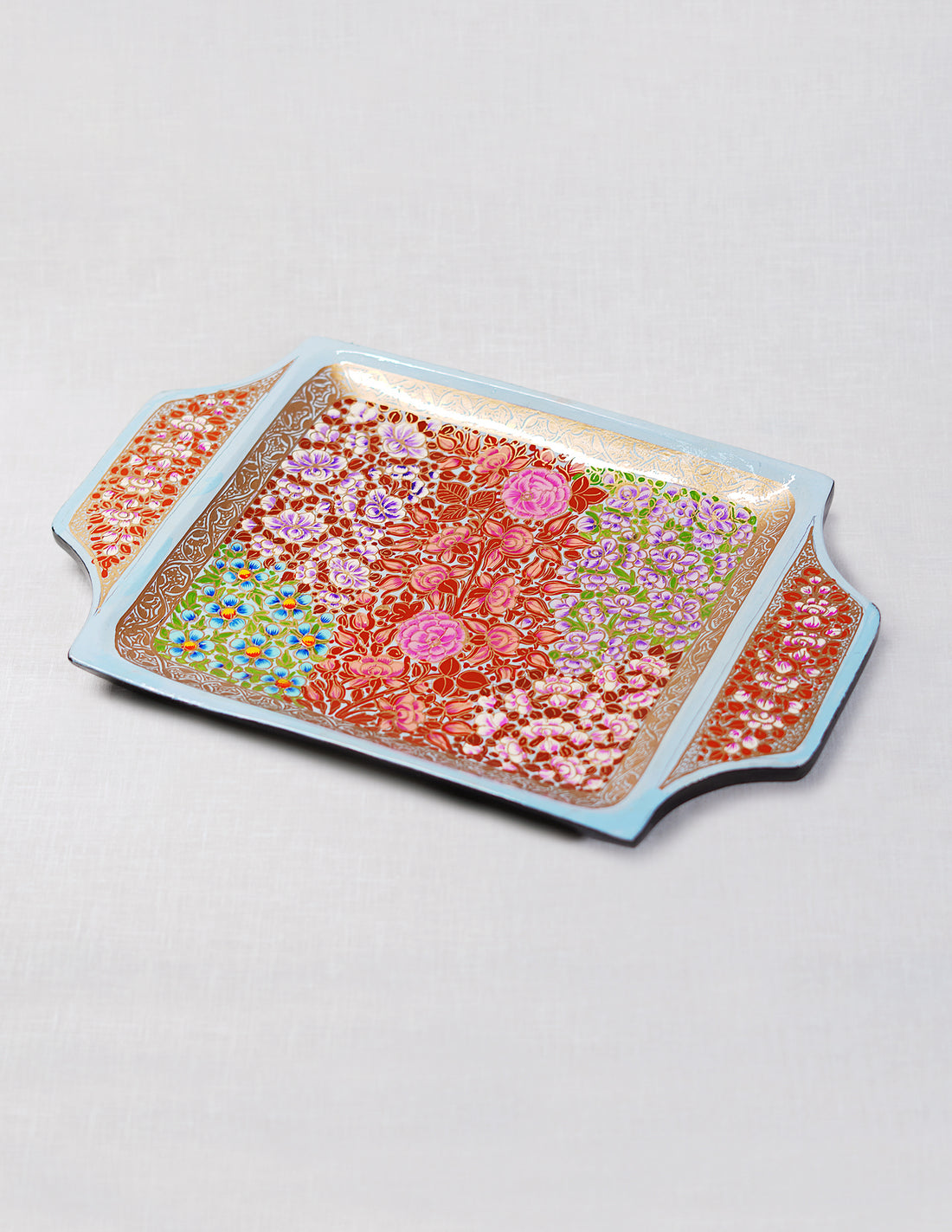 Papier-Mâché Tray with Handle — Hand-Painted Design | 19.5 cm (L) × 30.3 cm (B) × 2.5 cm (H)