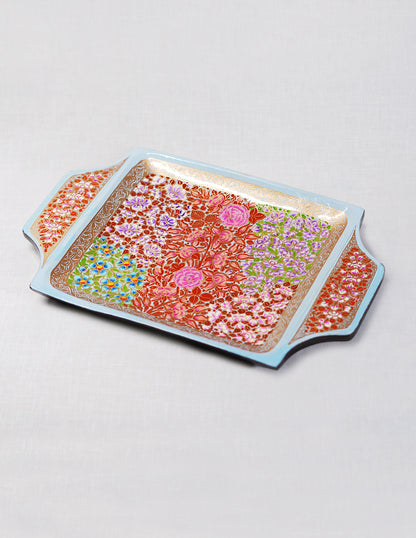 Handmade Kashmir Papier-Mâché Tray with Handle — Hand-Painted Design | 19.5 cm (L) × 30.3 cm (B) × 2.5 cm (H)