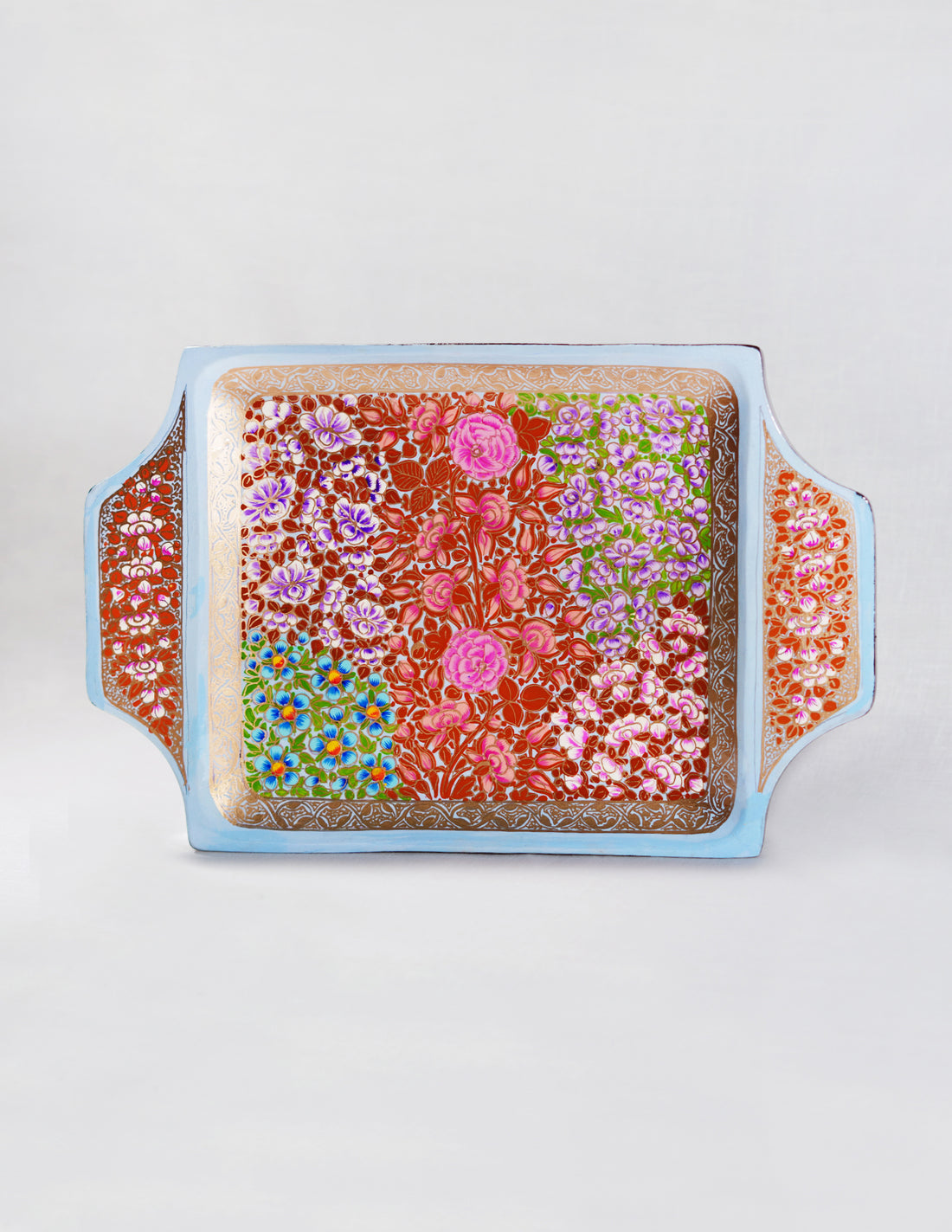 Papier-Mâché Tray with Handle — Hand-Painted Design | 19.5 cm (L) × 30.3 cm (B) × 2.5 cm (H)