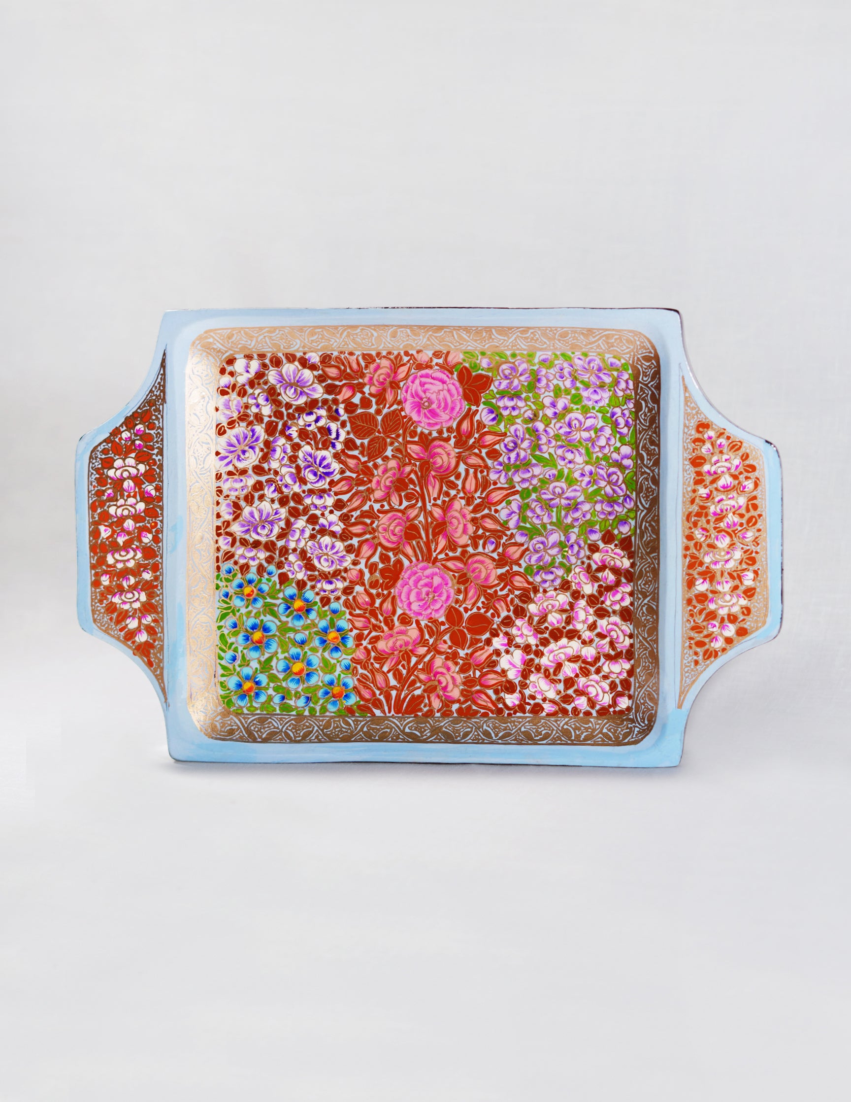 Handmade Kashmir Papier-Mâché Tray with Handle — Hand-Painted Design | 19.5 cm (L) × 30.3 cm (B) × 2.5 cm (H)