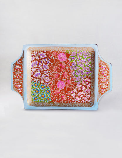 Handmade Kashmir Papier-Mâché Tray with Handle — Hand-Painted Design | 19.5 cm (L) × 30.3 cm (B) × 2.5 cm (H)