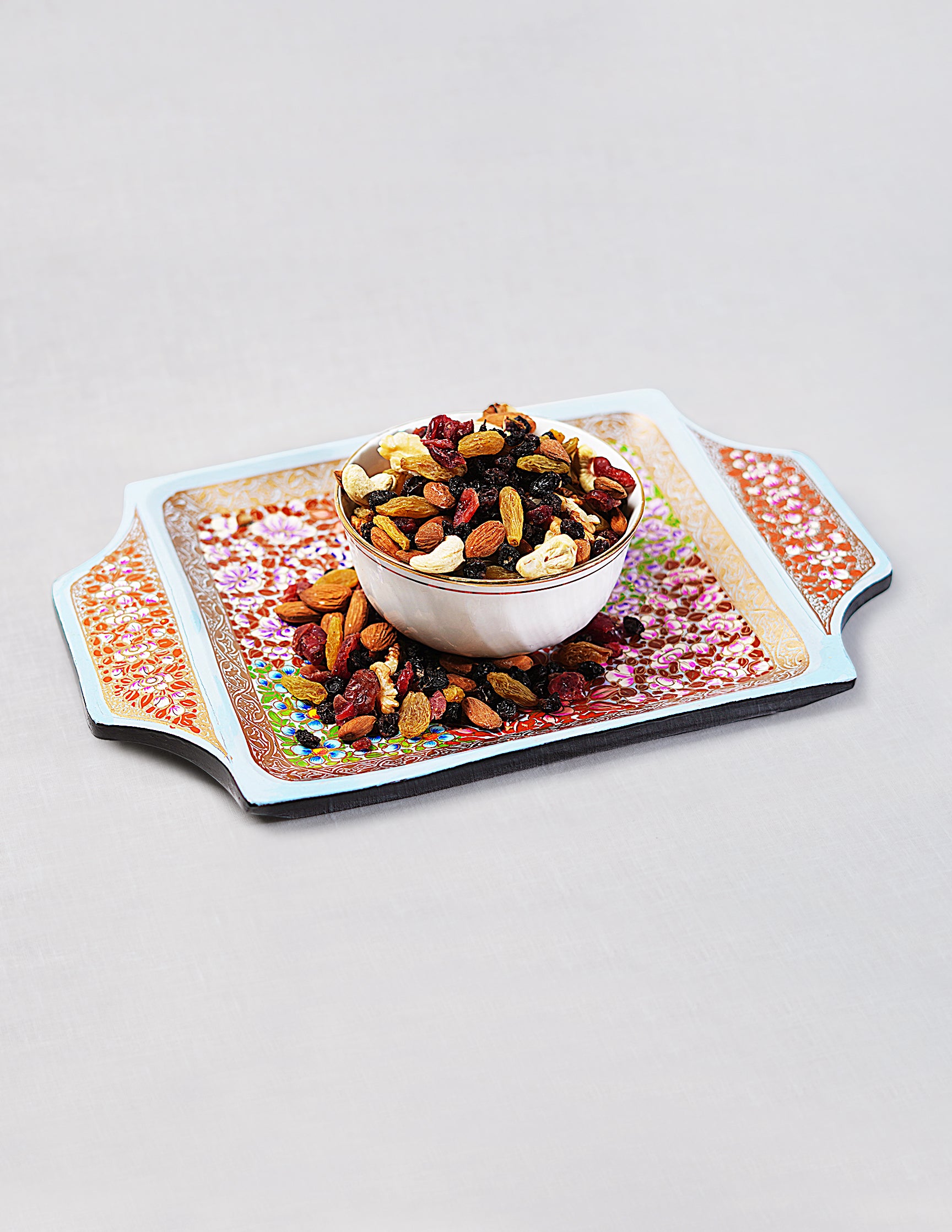 Handmade Kashmir Papier-Mâché Tray with Handle — Hand-Painted Design | 19.5 cm (L) × 30.3 cm (B) × 2.5 cm (H)