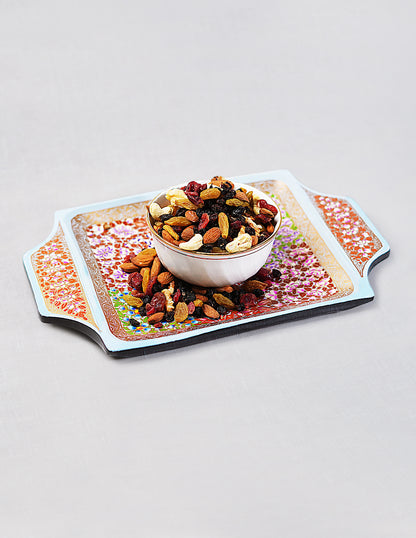 Handmade Kashmir Papier-Mâché Tray with Handle — Hand-Painted Design | 19.5 cm (L) × 30.3 cm (B) × 2.5 cm (H)