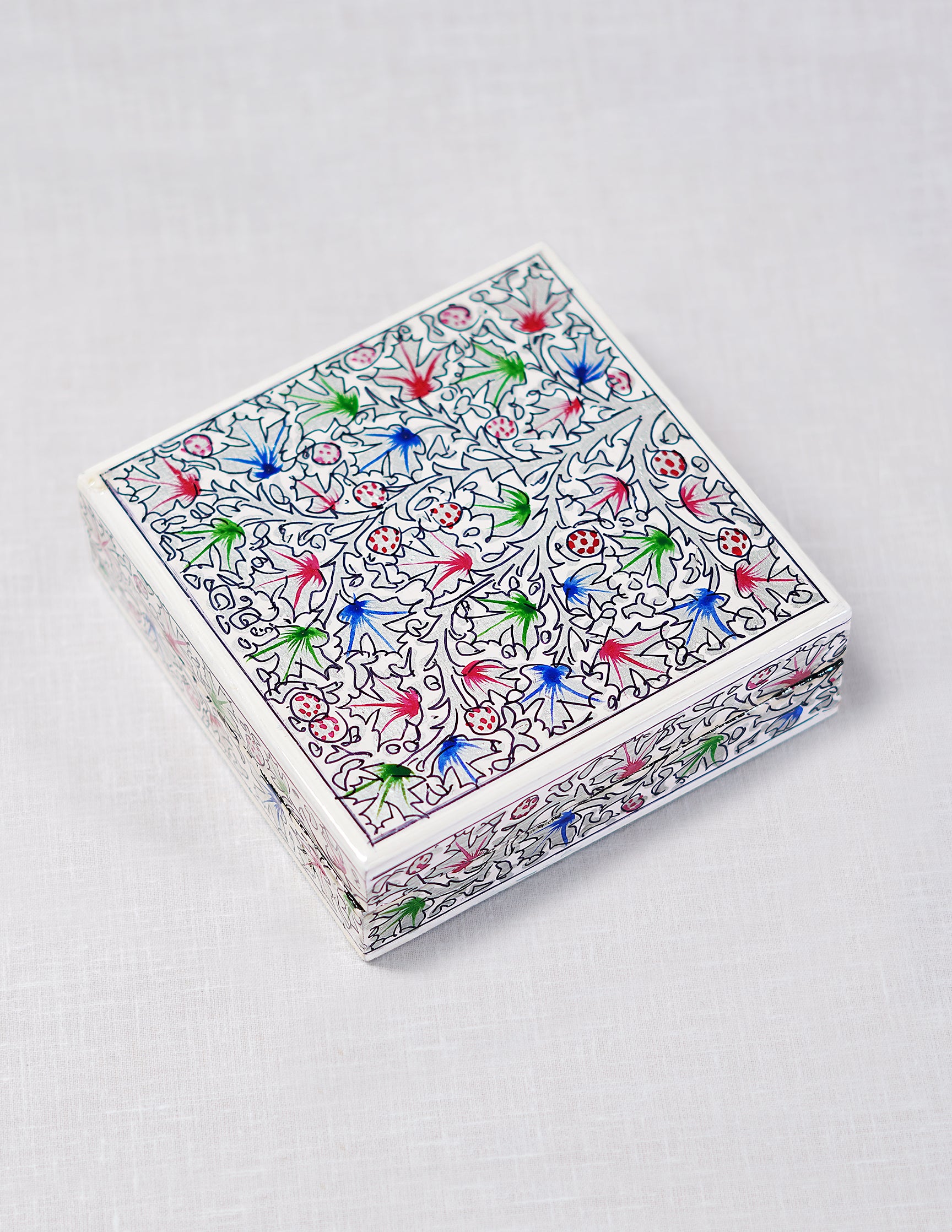 Handmade Kashmir Papier-Mâché Coaster Set — Hand-Painted Design | 11.2 cm (L) × 11.2 cm (B) × 3.5 cm (H)