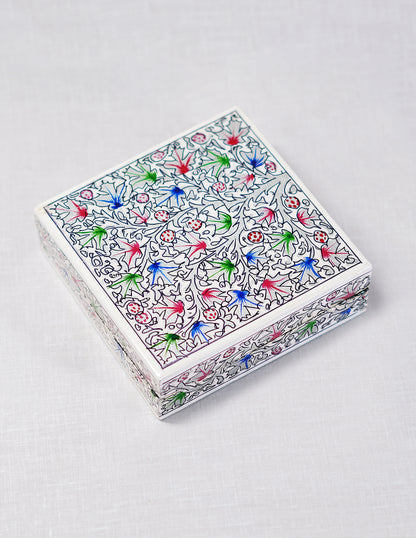 Handmade Kashmir Papier-Mâché Coaster Set — Hand-Painted Design | 11.2 cm (L) × 11.2 cm (B) × 3.5 cm (H)
