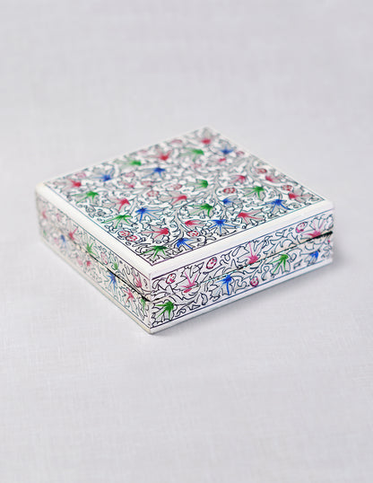 Handmade Kashmir Papier-Mâché Coaster Set — Hand-Painted Design | 11.2 cm (L) × 11.2 cm (B) × 3.5 cm (H)