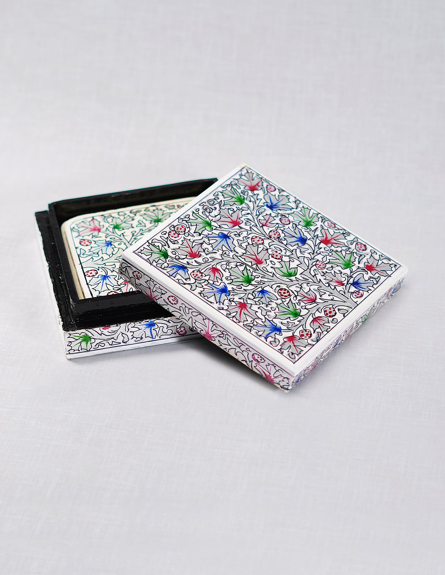 Handmade Kashmir Papier-Mâché Coaster Set — Hand-Painted Design | 11.2 cm (L) × 11.2 cm (B) × 3.5 cm (H)