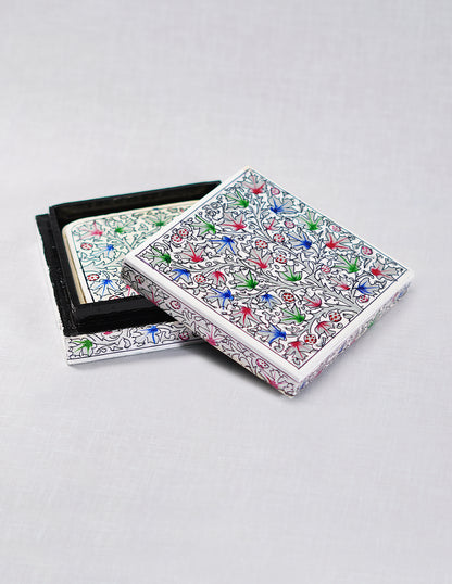 Handmade Kashmir Papier-Mâché Coaster Set — Hand-Painted Design | 11.2 cm (L) × 11.2 cm (B) × 3.5 cm (H)