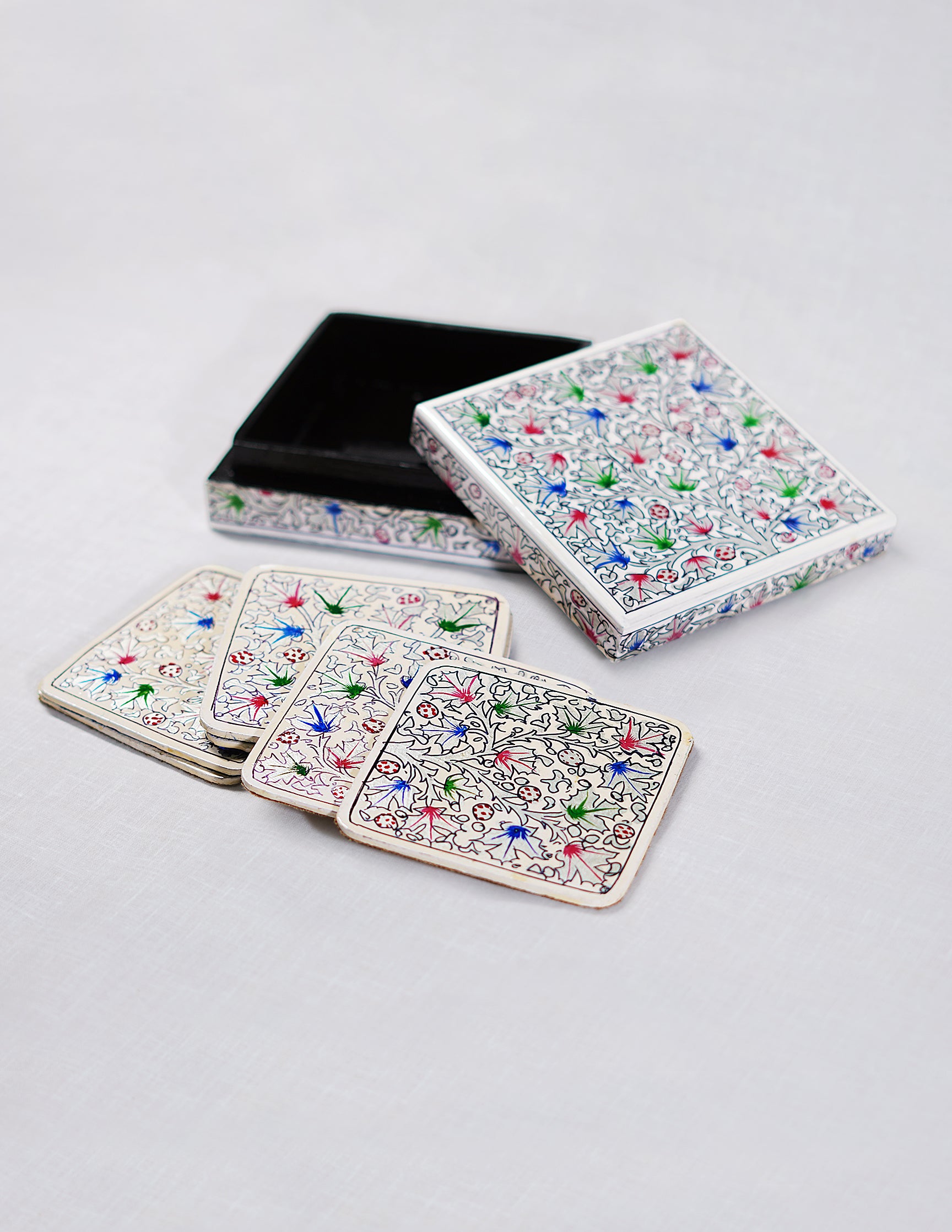 Handmade Kashmir Papier-Mâché Coaster Set — Hand-Painted Design | 11.2 cm (L) × 11.2 cm (B) × 3.5 cm (H)
