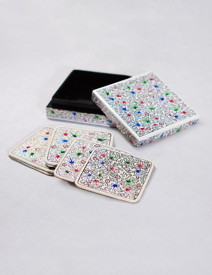 Handmade Kashmir Papier-Mâché Coaster Set — Hand-Painted Design | 11.2 cm (L) × 11.2 cm (B) × 3.5 cm (H)
