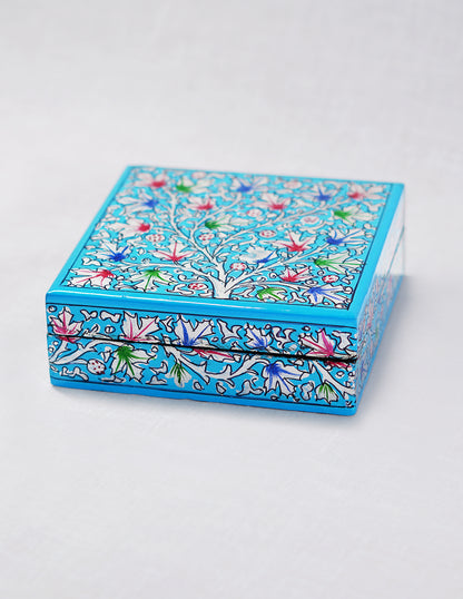 Handmade Kashmir Papier-Mâché Coaster Set — Hand-Painted Design | 11.2 cm (L) × 11.2 cm (B) × 3.5 cm (H)