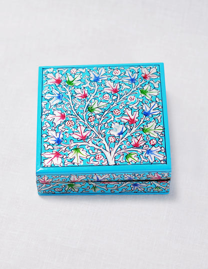 Handmade Kashmir Papier-Mâché Coaster Set — Hand-Painted Design | 11.2 cm (L) × 11.2 cm (B) × 3.5 cm (H)