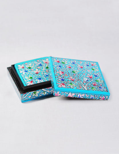 Handmade Kashmir Papier-Mâché Coaster Set — Hand-Painted Design | 11.2 cm (L) × 11.2 cm (B) × 3.5 cm (H)
