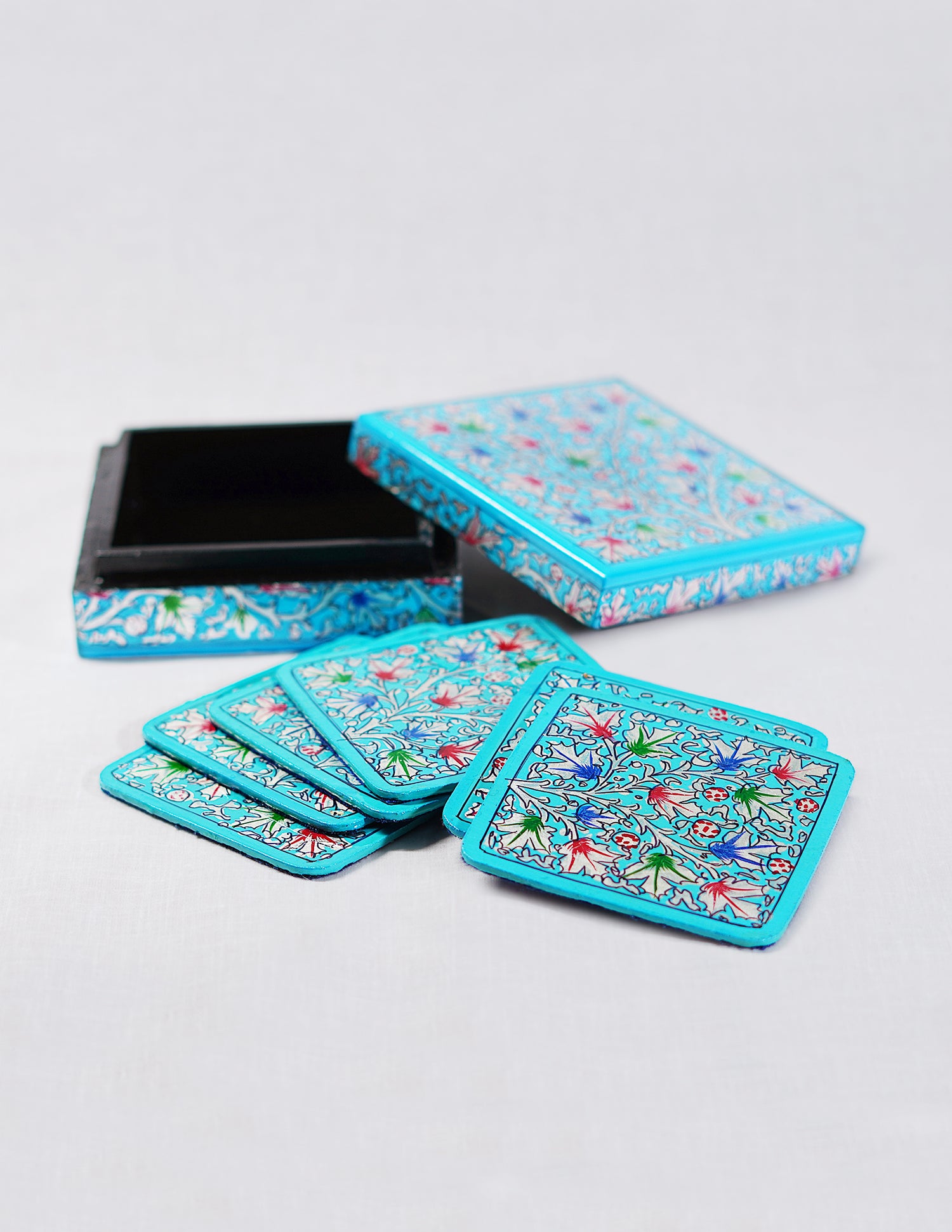 Handmade Kashmir Papier-Mâché Coaster Set — Hand-Painted Design | 11.2 cm (L) × 11.2 cm (B) × 3.5 cm (H)