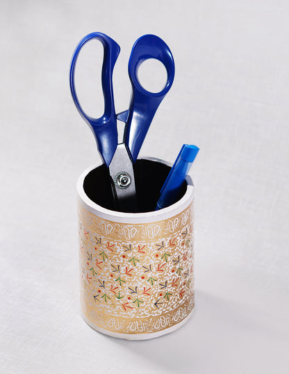 Handmade Kashmir Papier-Mâché Pen Holder — Hand-Painted Design | Ø 7.5 cm × 10.8 cm (H)