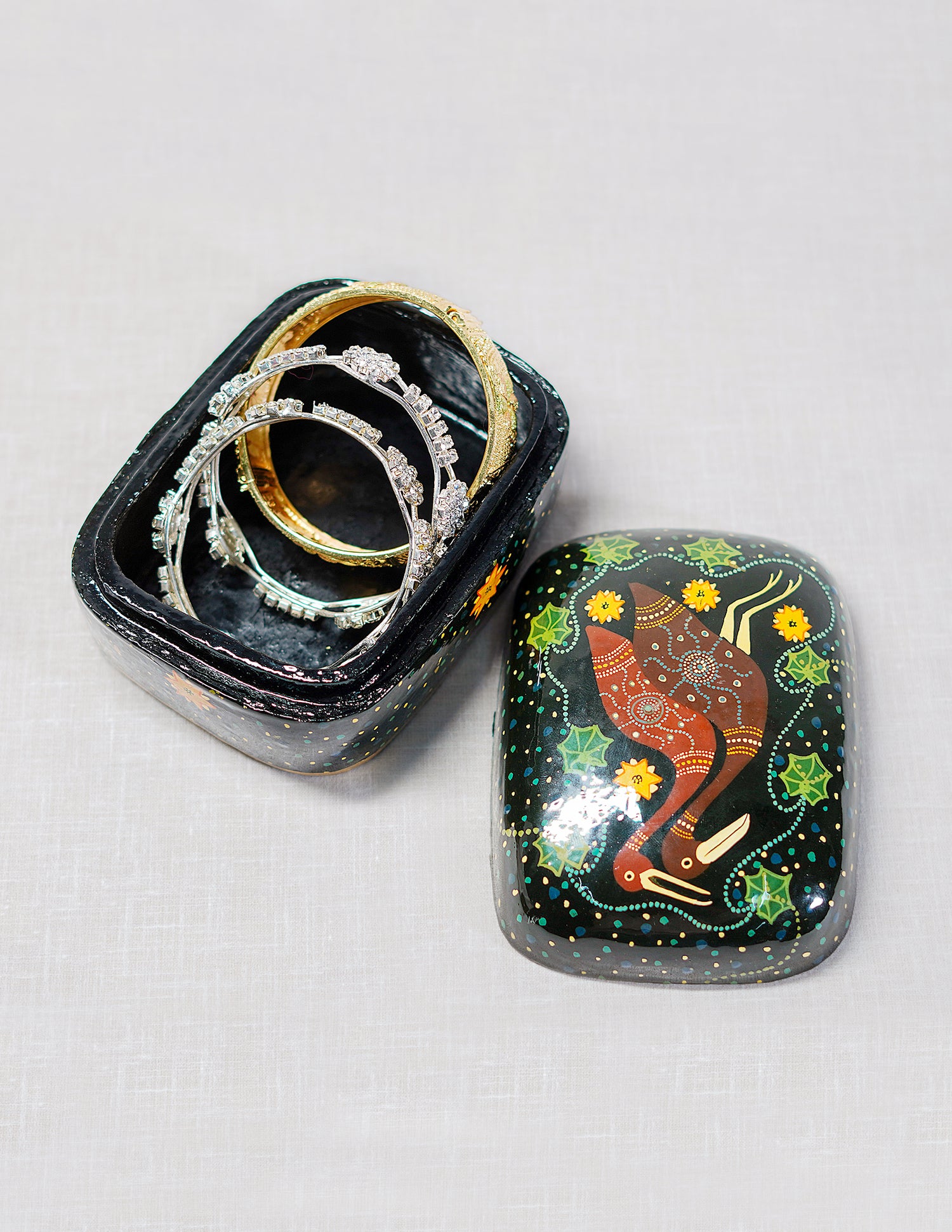 Handmade Kashmir Papier-Mâché Trinket Box — Hand-Painted Design | 8.5 cm (L) × 11.5 cm (B) × 5.5 cm (H)