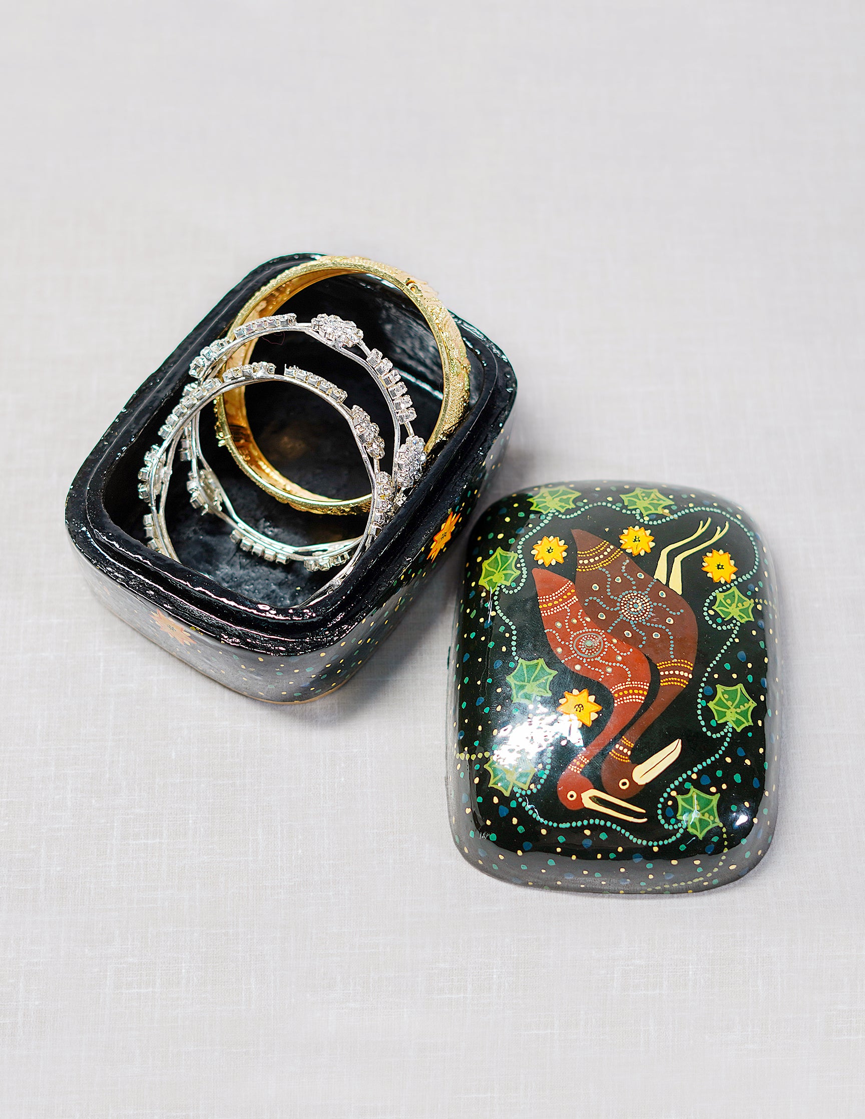 Handmade Kashmir Papier-Mâché Trinket Box — Hand-Painted Design | 8.5 cm (L) × 11.5 cm (B) × 5.5 cm (H)