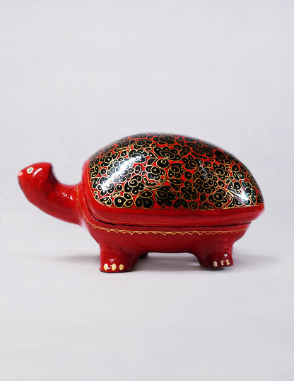 Handmade Kashmir Papier-Mâché Decorative Turtle / Dry Fruit Box — Hand-Painted Design | 10 cm (L) × 18.5 cm (B) × 8 cm (H)