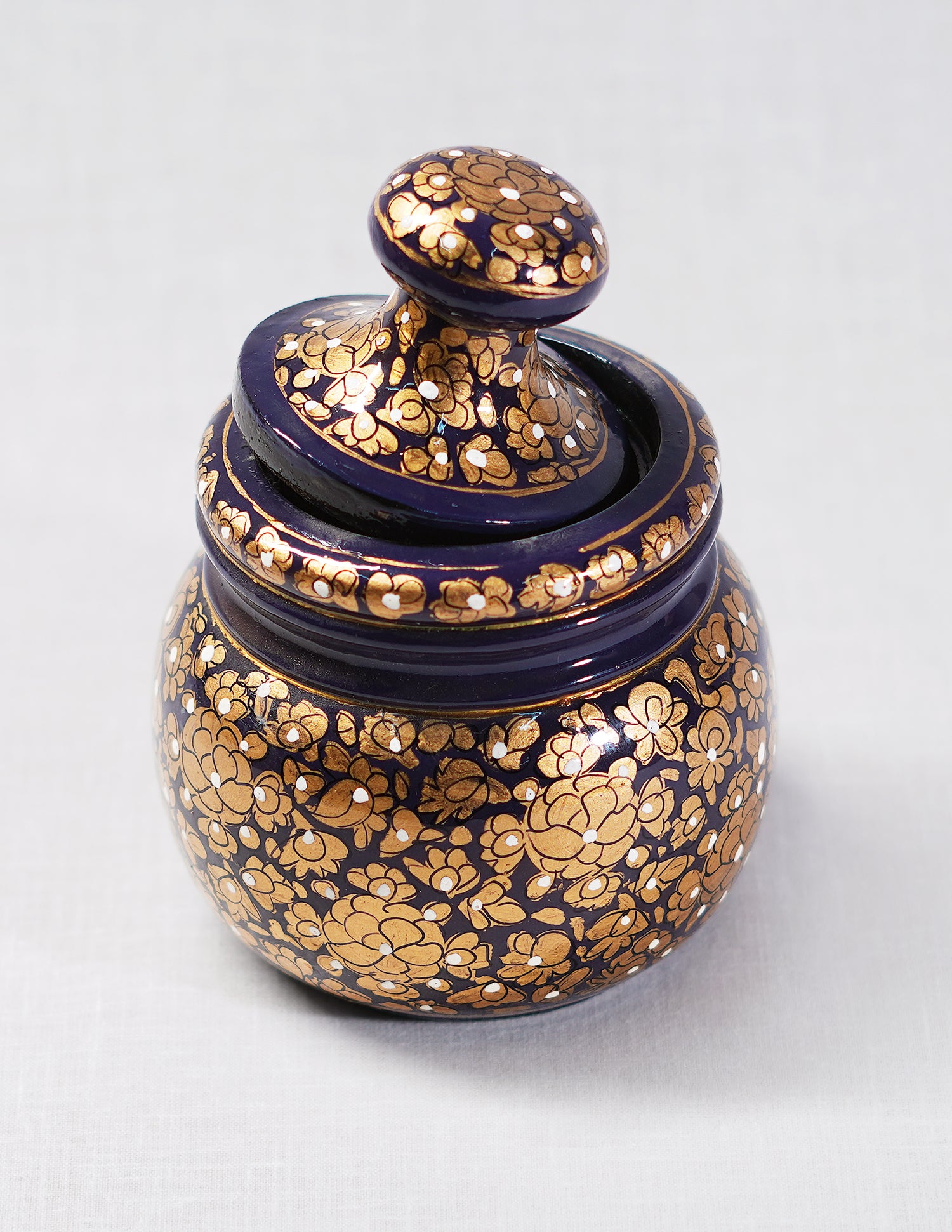 Handmade Kashmir Papier-Mâché Sugar Pot — Hand-Painted Design | Ø 5.5 cm × 12.5 cm (H)