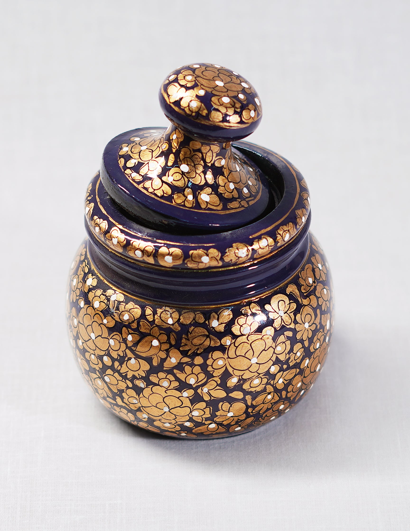 Handmade Kashmir Papier-Mâché Sugar Pot — Hand-Painted Design | Ø 5.5 cm × 12.5 cm (H)