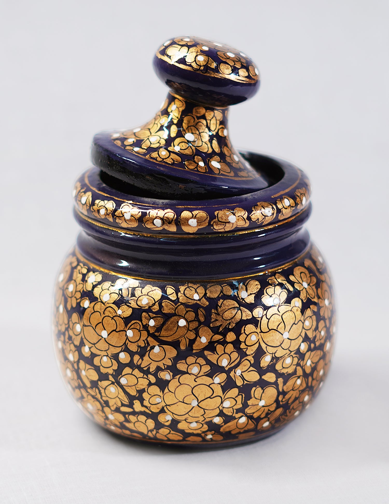 Handmade Kashmir Papier-Mâché Sugar Pot — Hand-Painted Design | Ø 5.5 cm × 12.5 cm (H)
