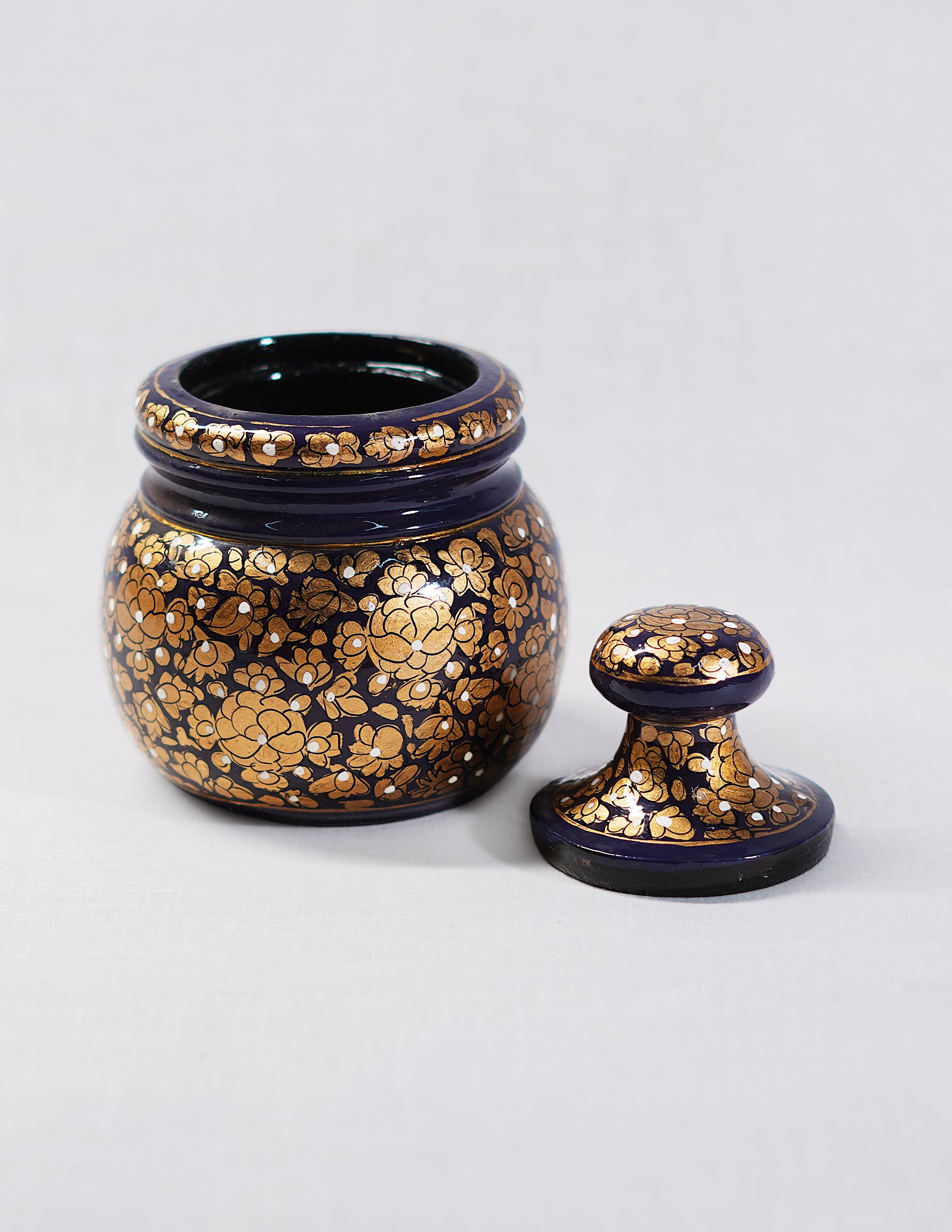 Handmade Kashmir Papier-Mâché Sugar Pot — Hand-Painted Design | Ø 5.5 cm × 12.5 cm (H)