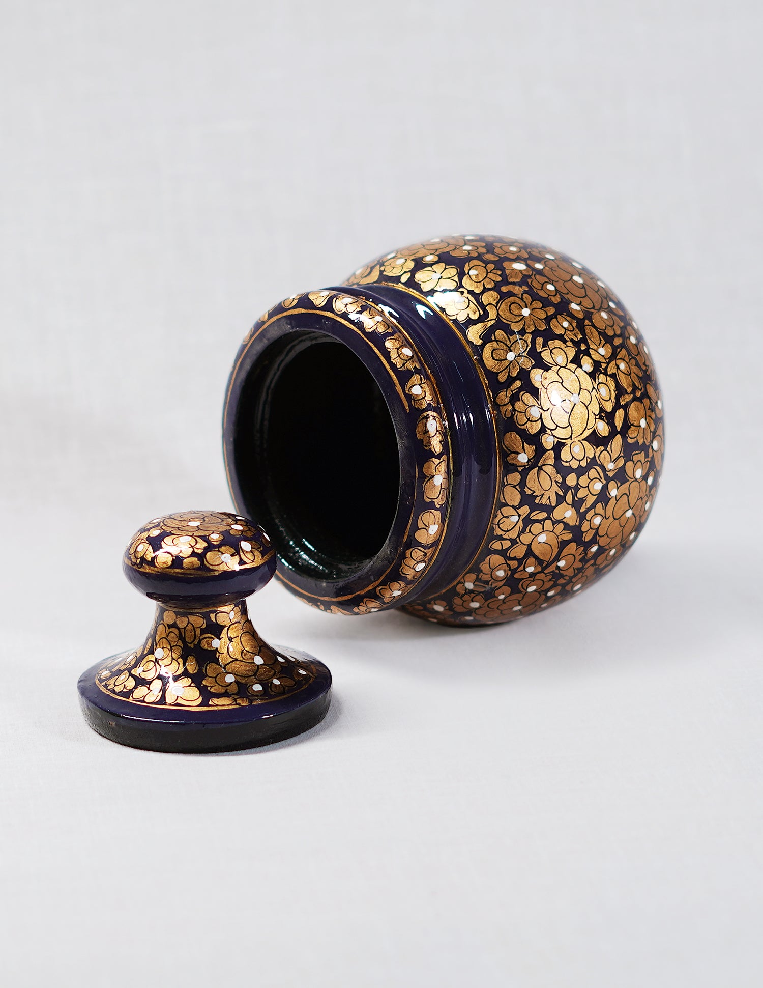 Handmade Kashmir Papier-Mâché Sugar Pot — Hand-Painted Design | Ø 5.5 cm × 12.5 cm (H)