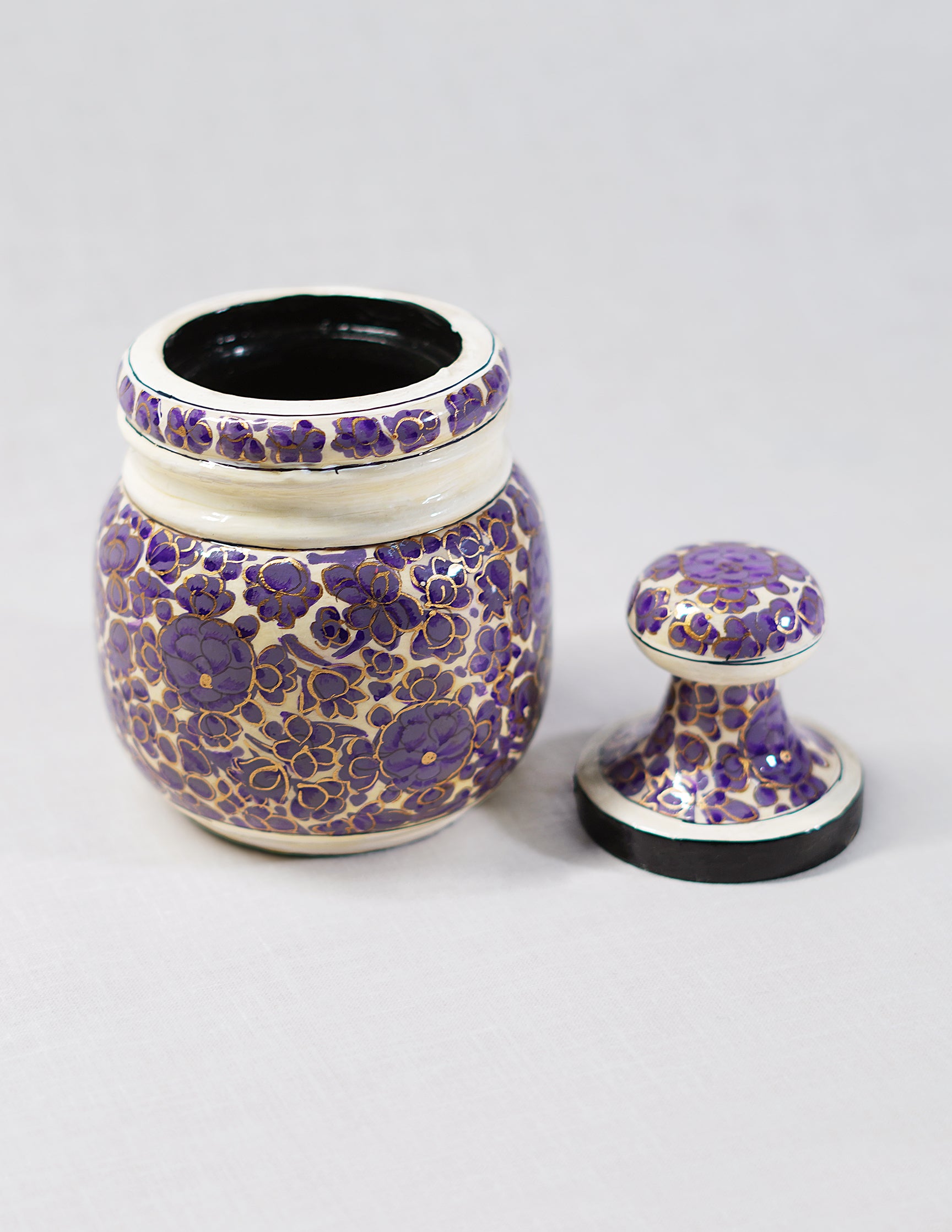 Handmade Kashmir Papier-Mâché Sugar Pot — Hand-Painted Design | Ø 5 cm × 12.5 cm (H)