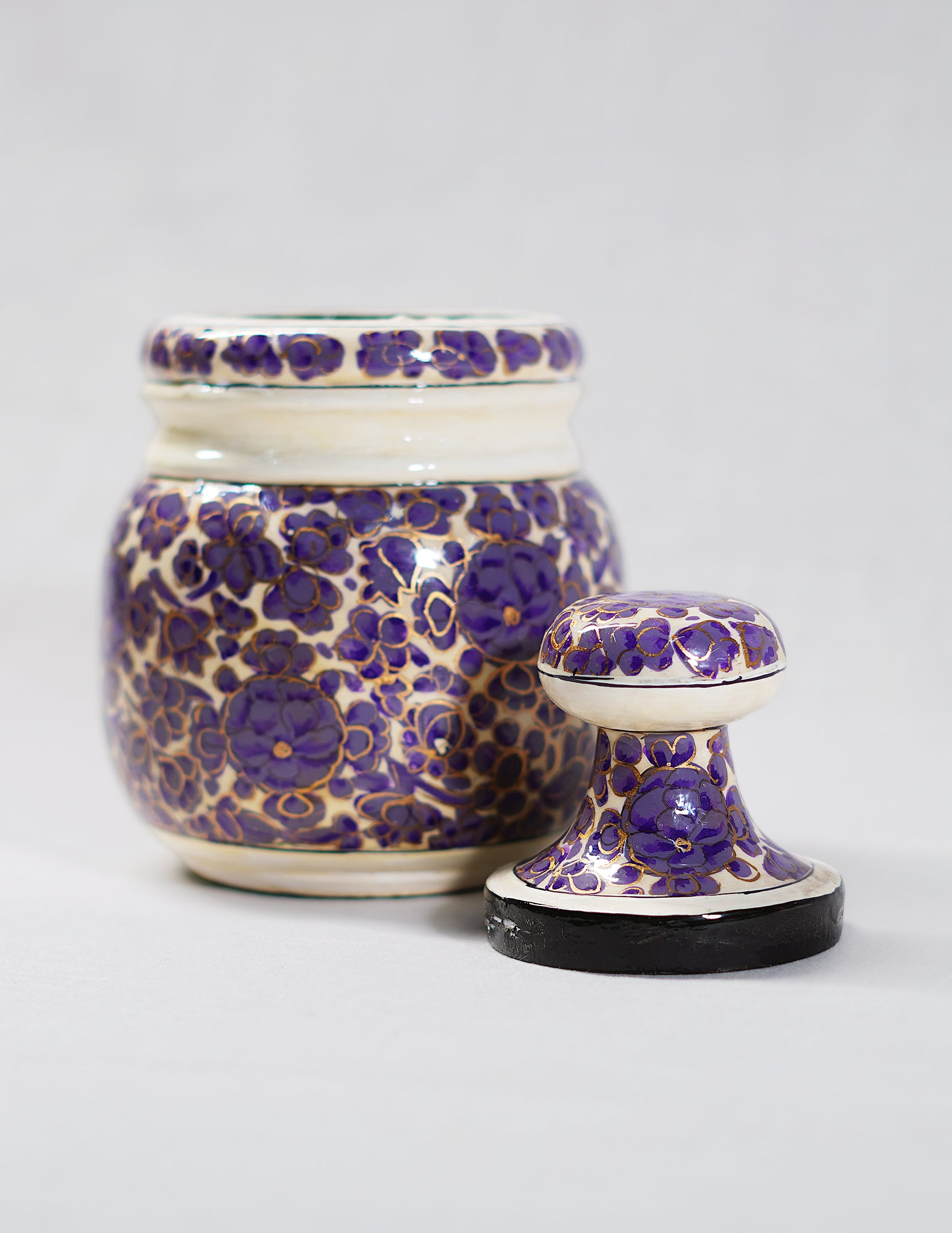Handmade Kashmir Papier-Mâché Sugar Pot — Hand-Painted Design | Ø 5 cm × 12.5 cm (H)