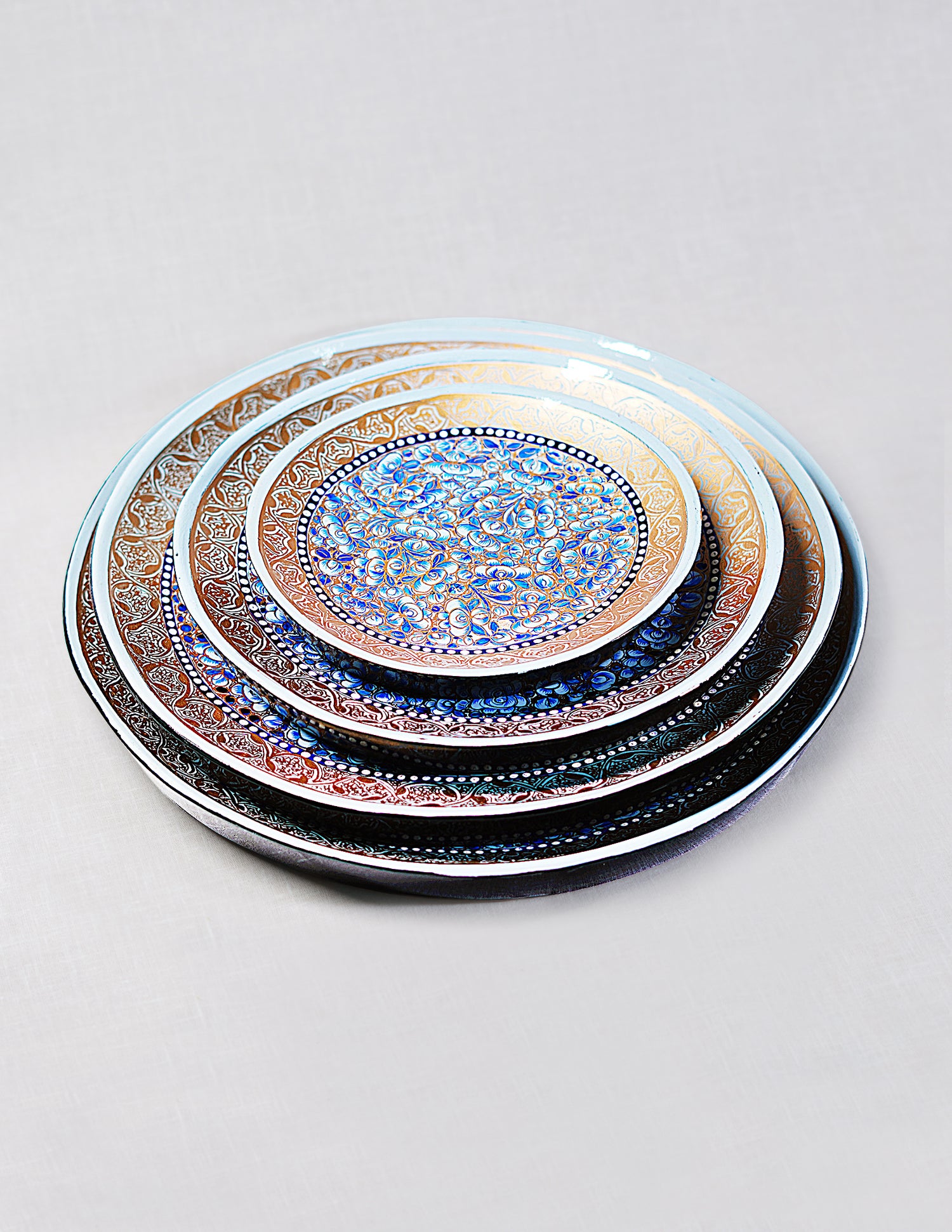 Handmade Kashmir Papier-Mâché Roti Plate / Wall Plate — Hand-Painted Design | Ø 15 cm, Ø 20 cm, Ø 25 cm &amp; Ø 28 cm (set of 4 plates)