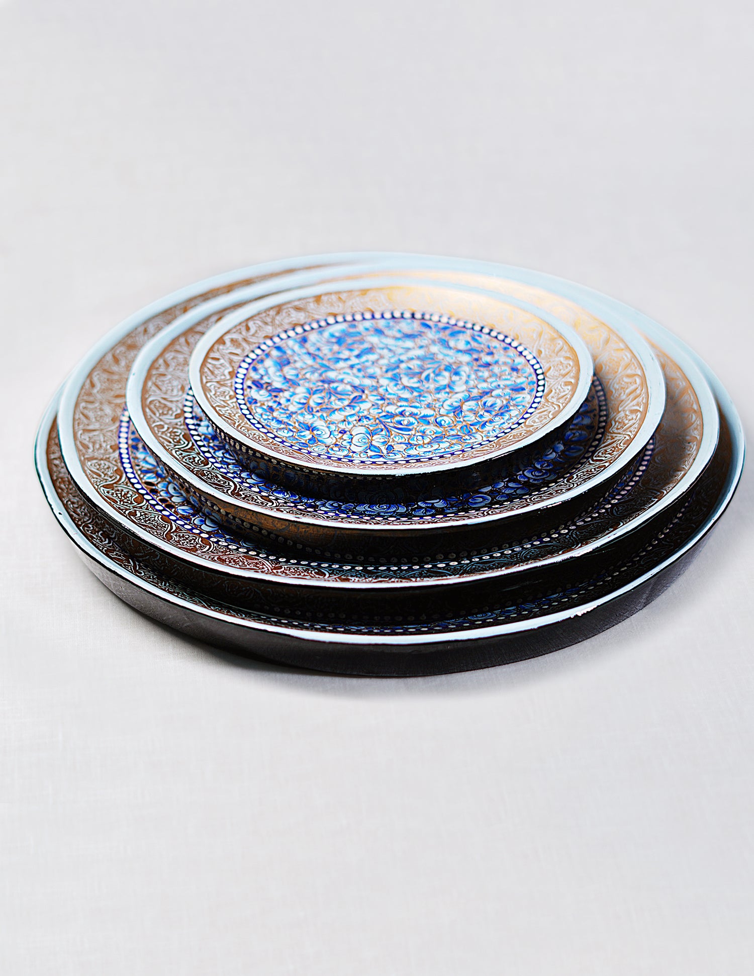 Handmade Kashmir Papier-Mâché Roti Plate / Wall Plate — Hand-Painted Design | Ø 15 cm, Ø 20 cm, Ø 25 cm &amp; Ø 28 cm (set of 4 plates)
