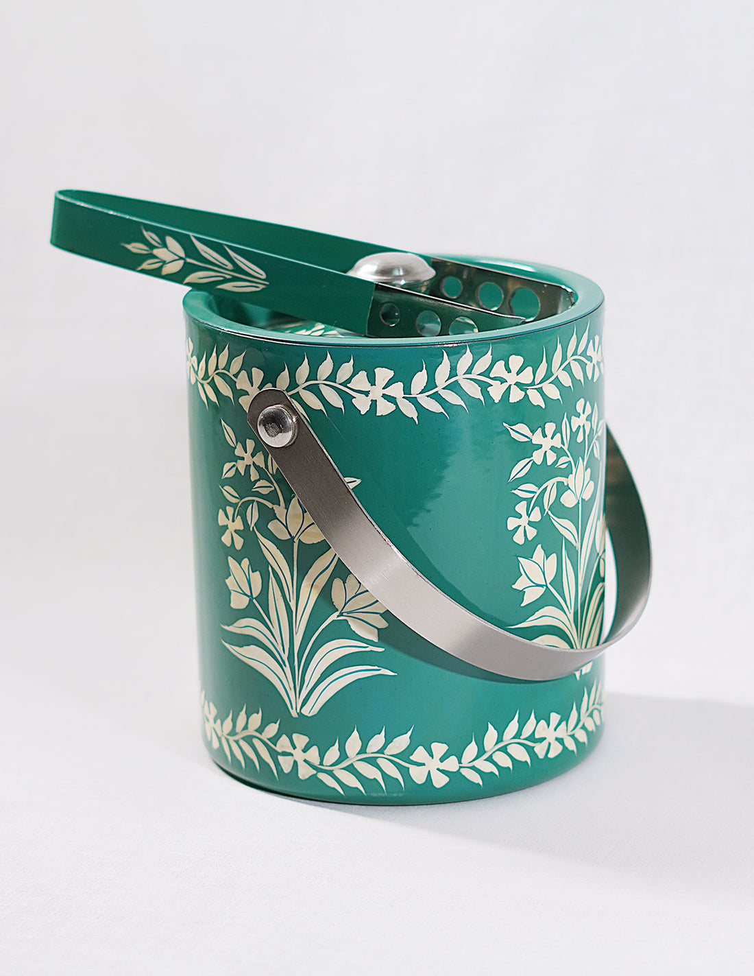 Papier-Mâché Ice Bucket with Tong — Hand-Painted Design | Ø 12.5 cm × 13.5 cm (H); Tong: 16 cm