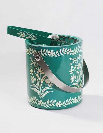 Handmade Kashmir Papier-Mâché Ice Bucket with Tong — Hand-Painted Design | Ø 12.5 cm × 13.5 cm (H); Tong: 16 cm